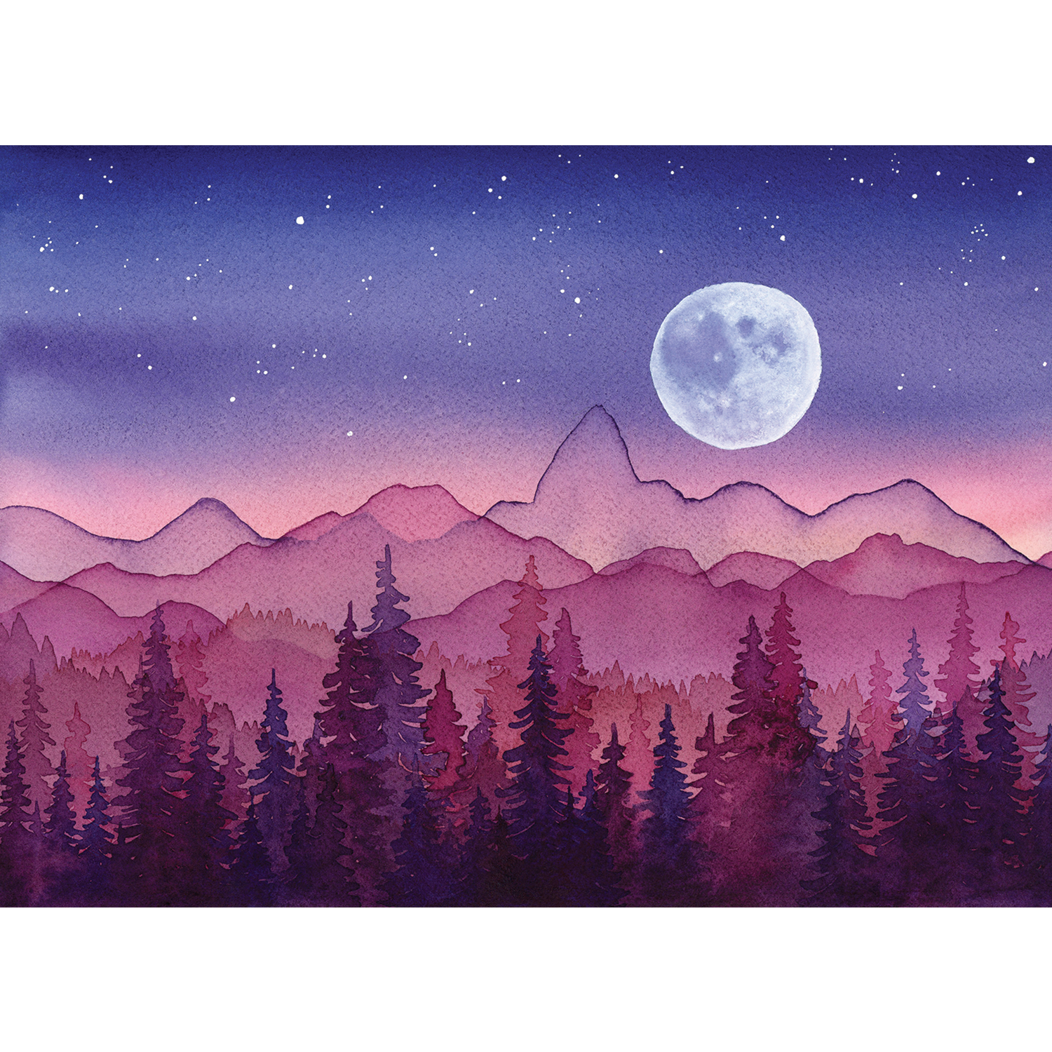 "Midnight Moon in the Tetons" | Watercolor Mountain Original Art 9in x 12in | Matted or Framed