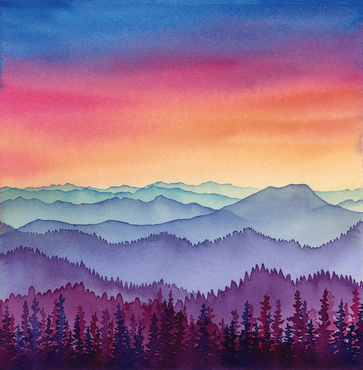 Watercolor painting of mountains and trees with a colorful sky.