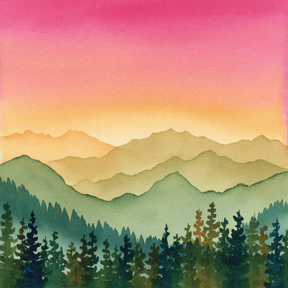 Landscape painting with a colored gradient of sky and mountain layers, warm pink, yellow, green. 