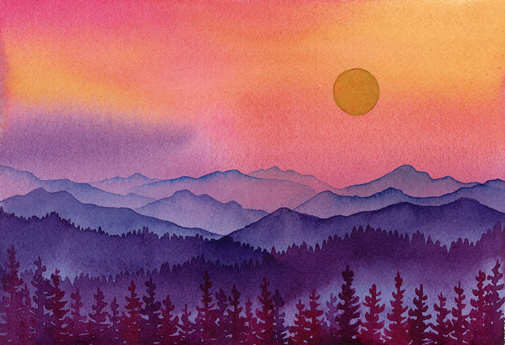 Watercolor painting of a sunset over mountains with trees and golden sun. 