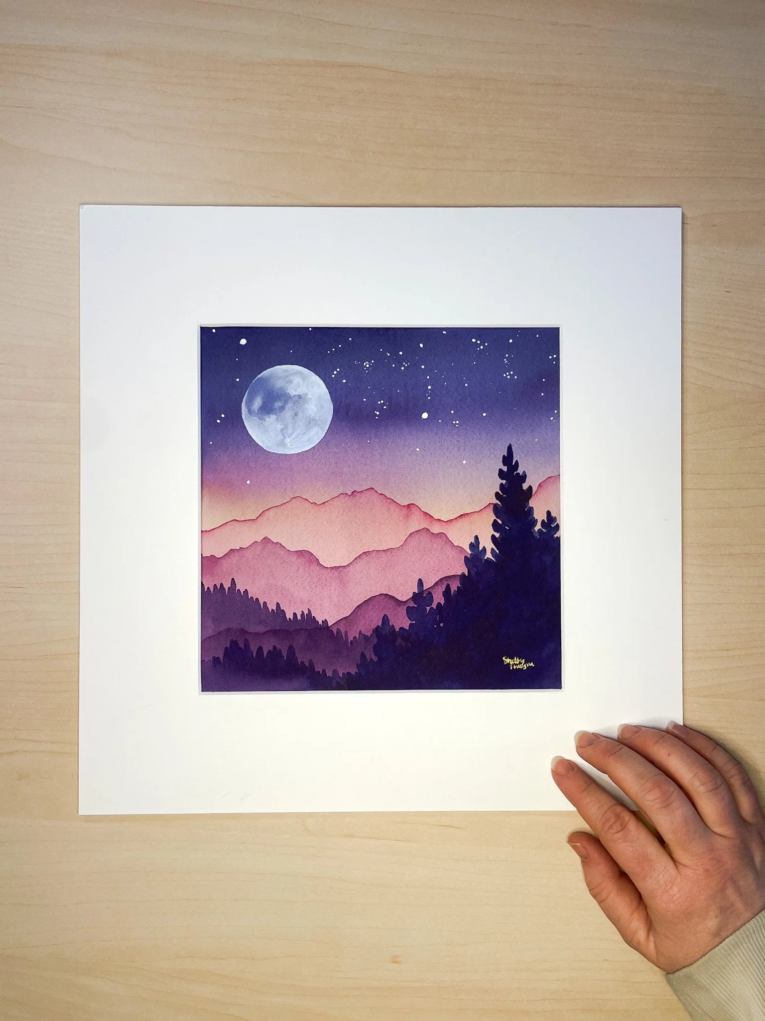 "March Full Moon" | Watercolor Mountain Original Art with Full Moon | 8in x 8in matted to 12in x 12in