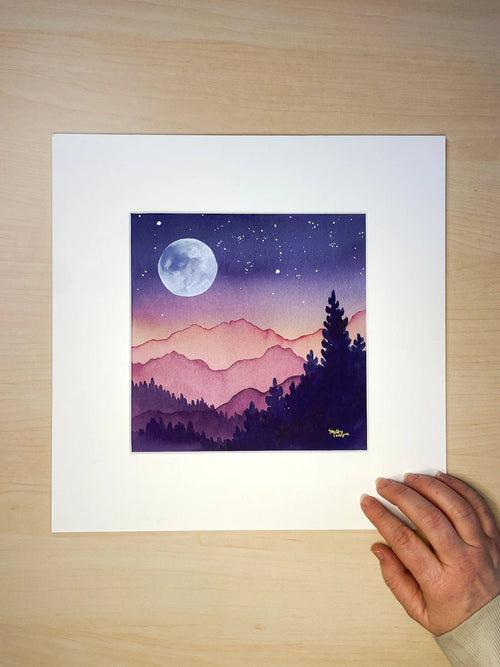 "March Full Moon" | Watercolor Mountain Original Art with Full Moon | 8in x 8in matted to 12in x 12in