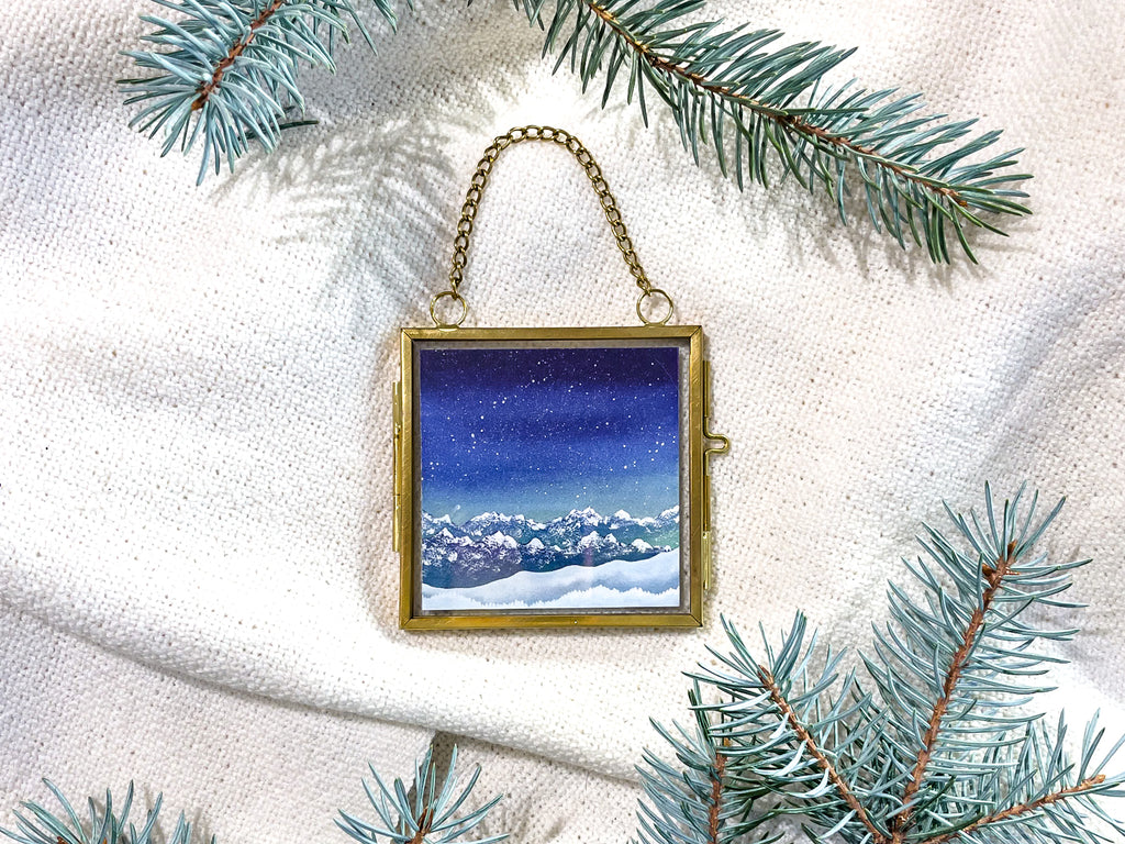 The Gift of Winter Blue Snowy Mountains (Framed Ornament)