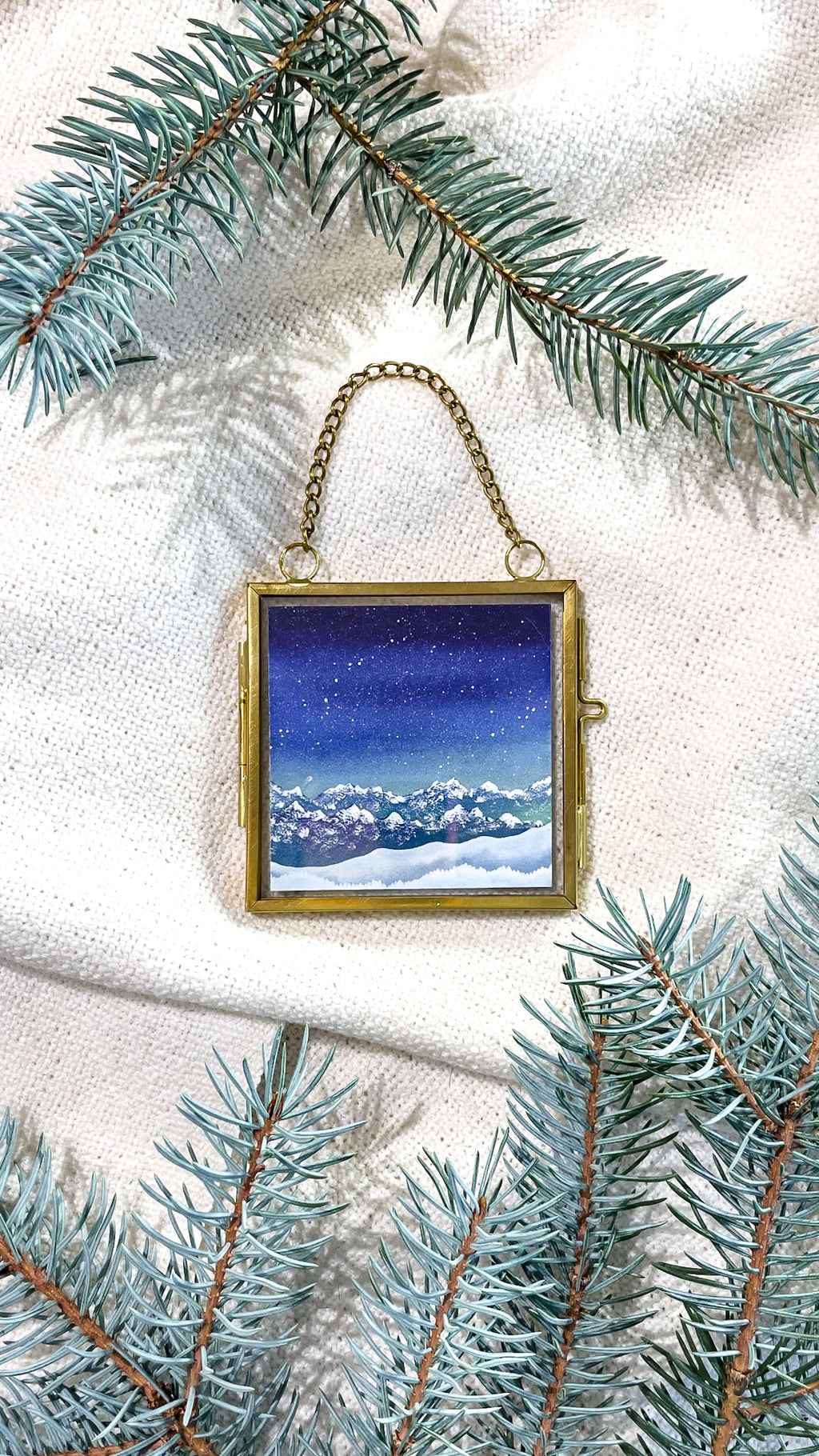 The Gift of Winter Blue Snowy Mountains (Framed Ornament)