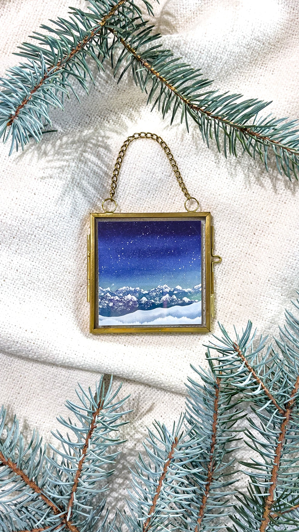 The Gift of Winter Blue Snowy Mountains (Framed Ornament)