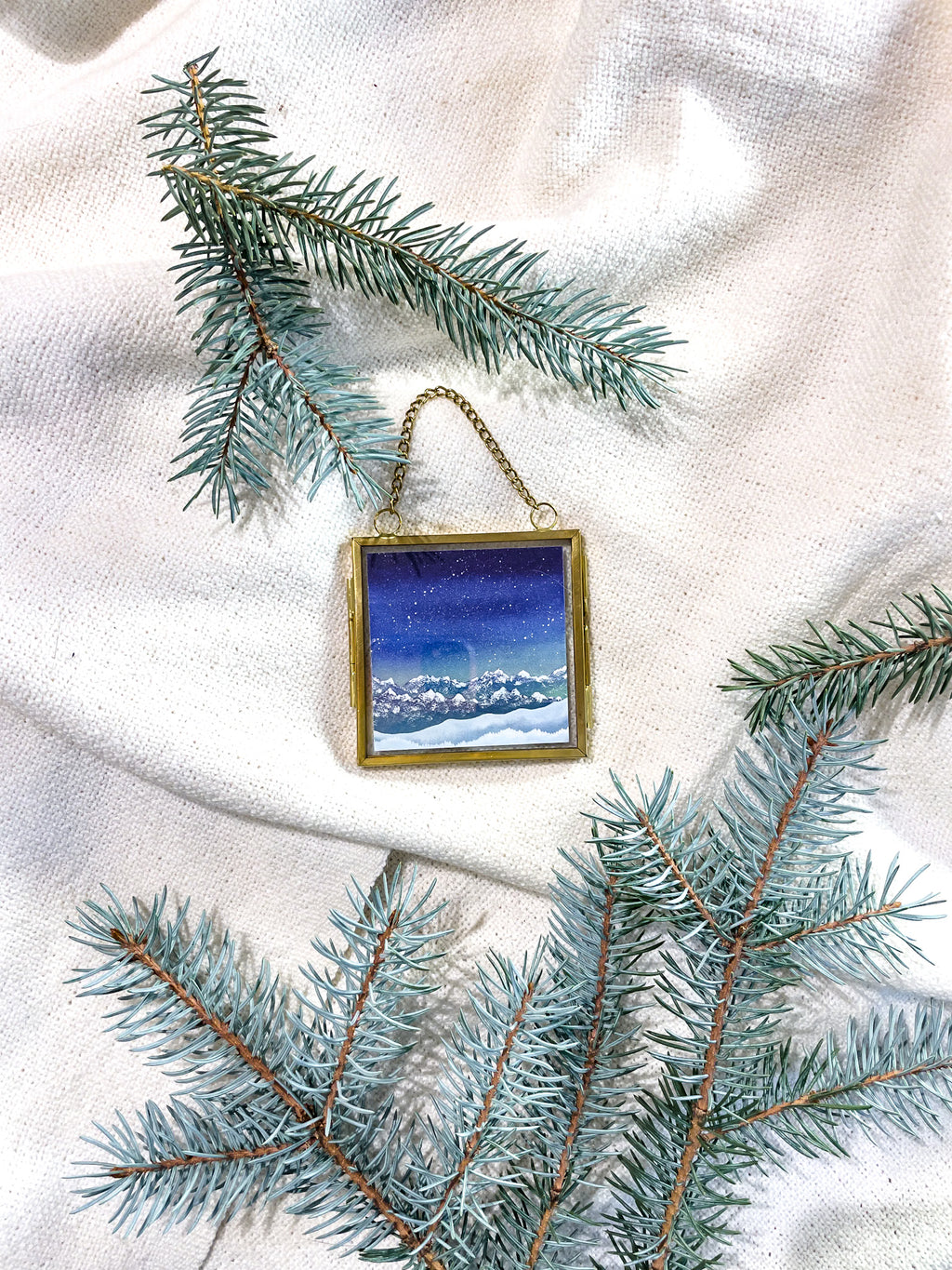 The Gift of Winter Blue Snowy Mountains (Framed Ornament)