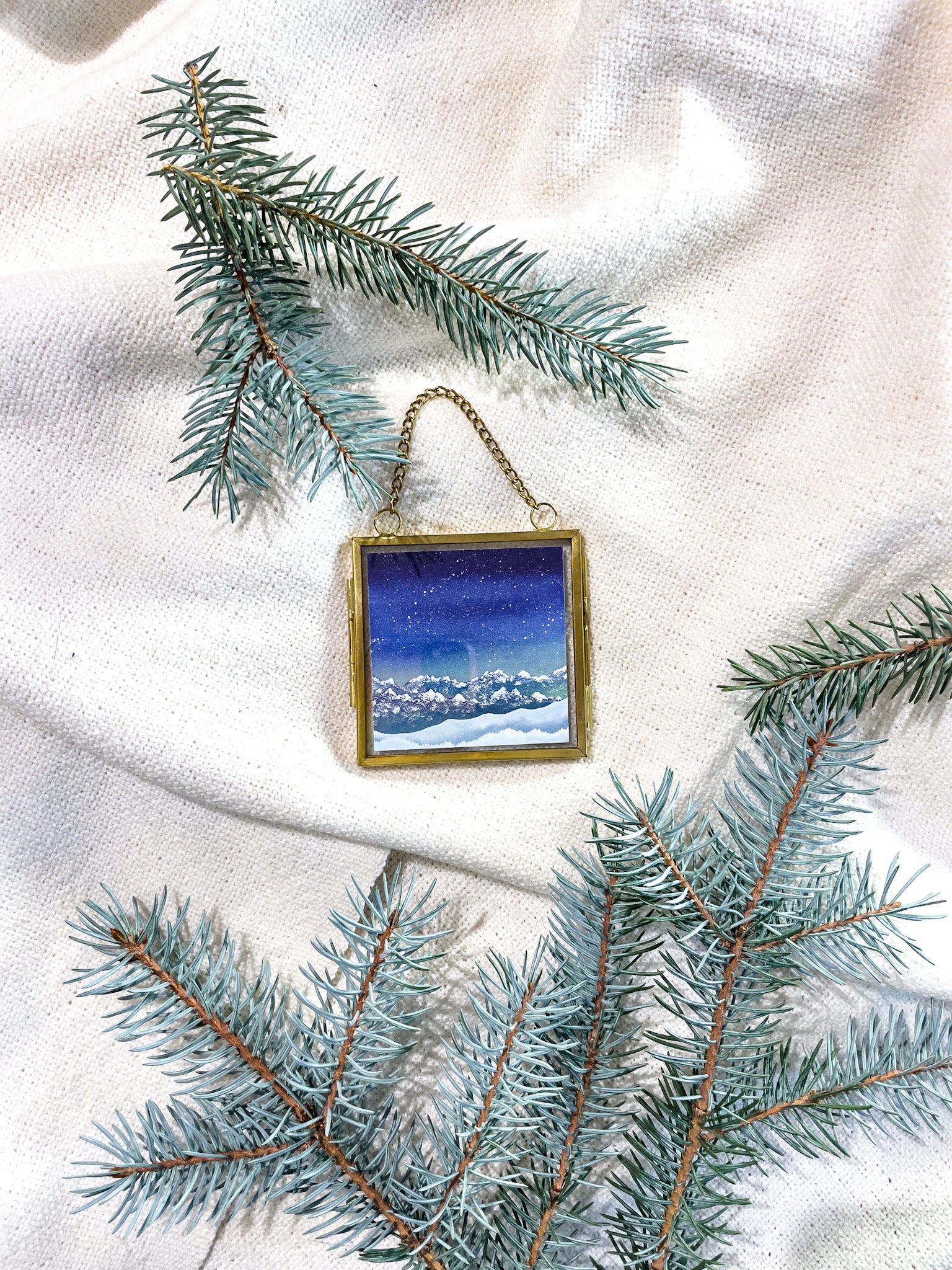The Gift of Winter Blue Snowy Mountains (Framed Ornament)