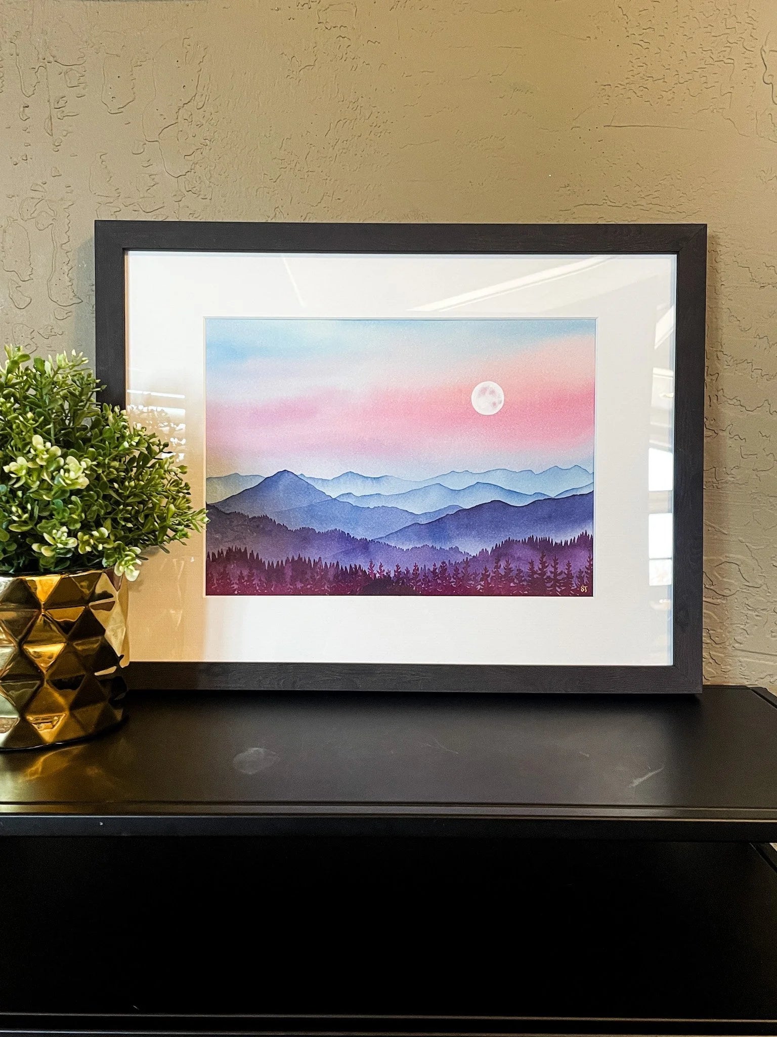 Peaceful Mountain Moonrise - Framed Original Watercolor Painting