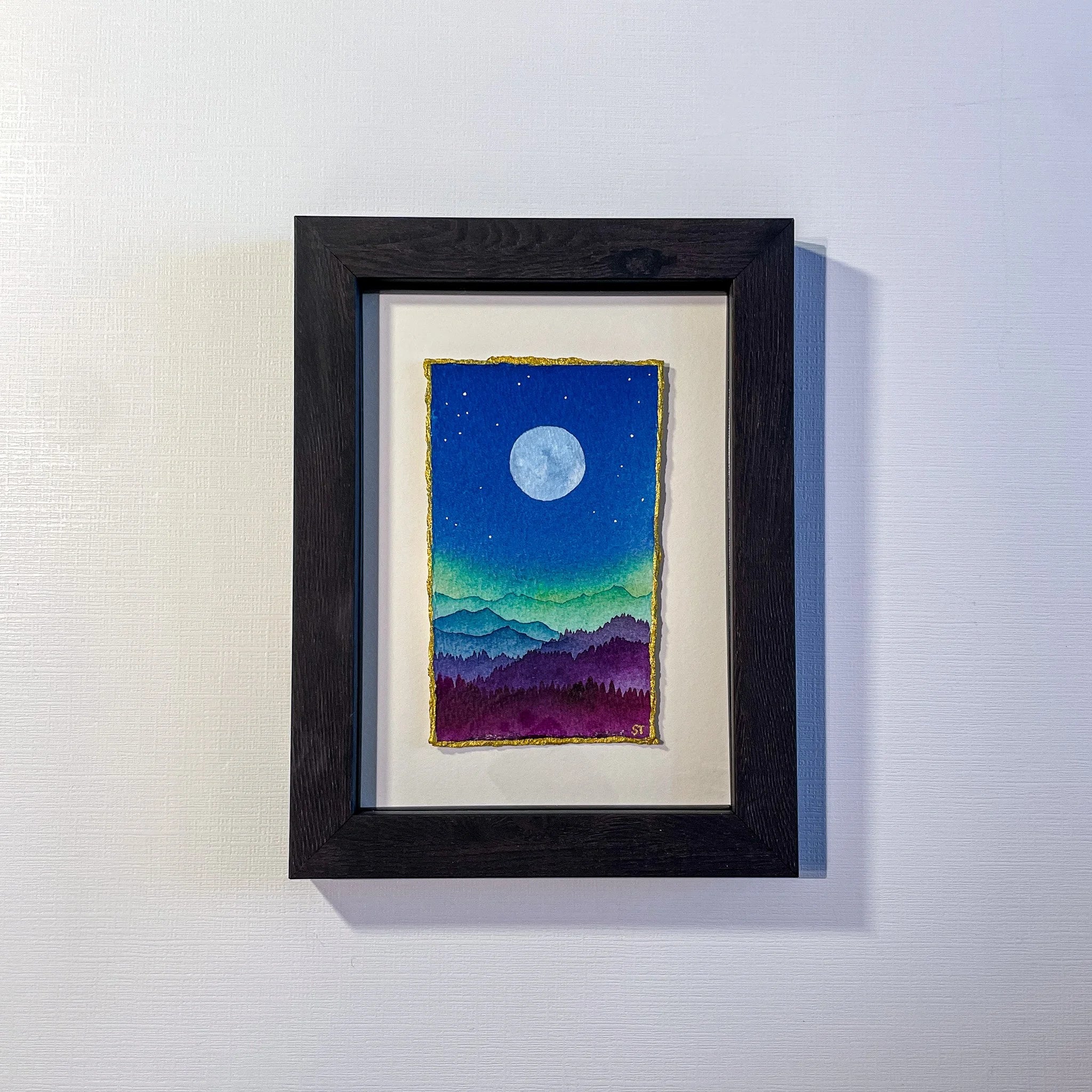 Deep Breath Full Moon - Flecks of Gold Series - Framed Original Watercolor Painting