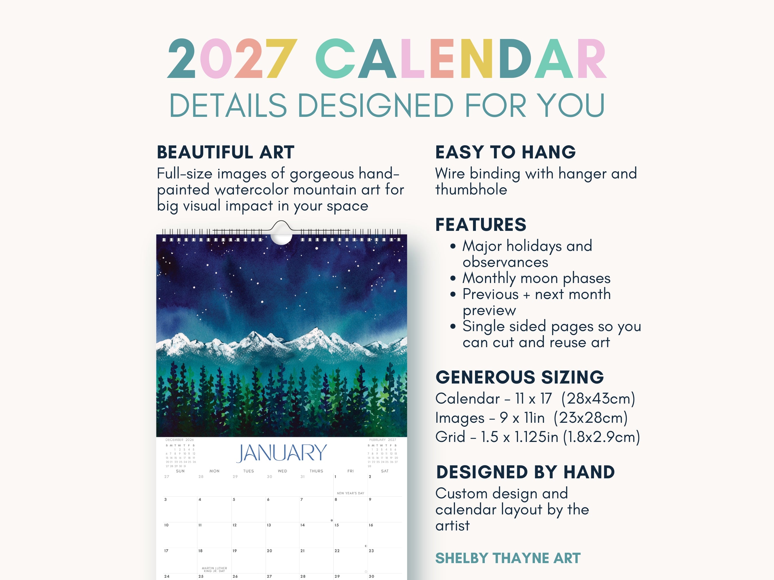 2027 Mountain Art Calendar | Watercolor Landscape Wall Decor