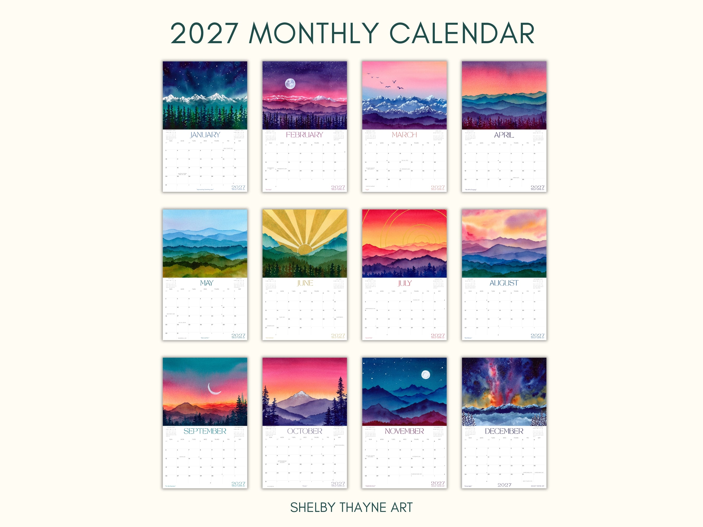 2027 Mountain Art Calendar | Watercolor Landscape Wall Decor