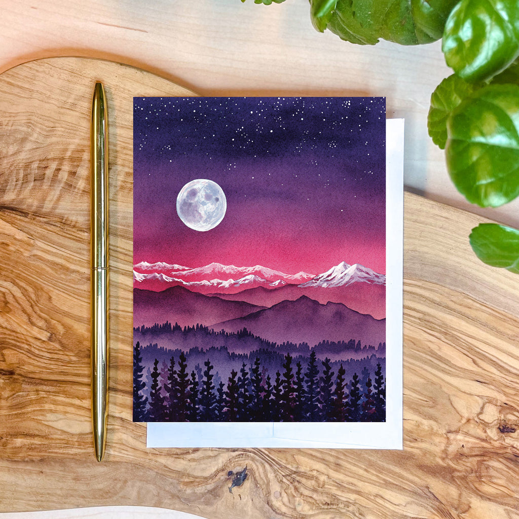 She Rises | Purple & Pink Mountain Watercolor Card | Encouragement Greeting Card