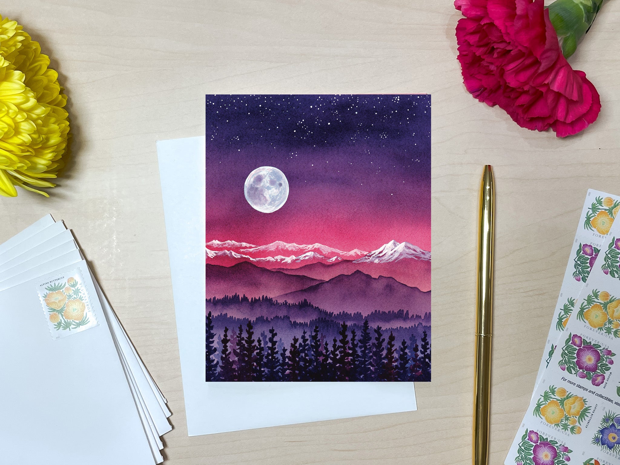She Rises | Purple & Pink Mountain Watercolor Card | Encouragement Greeting Card