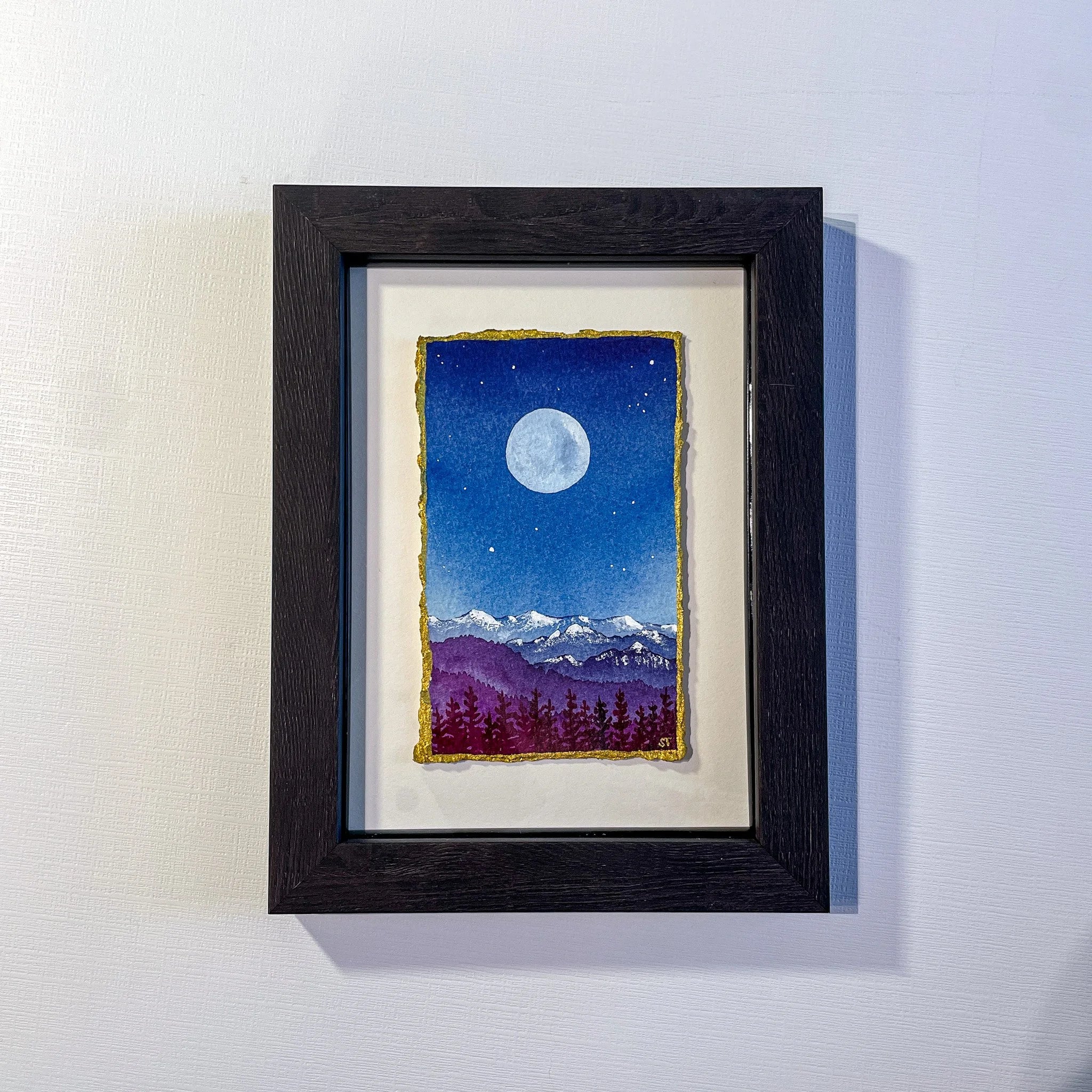 Mountain Winter Moon - Flecks of Gold Series - Framed Original Watercolor Painting