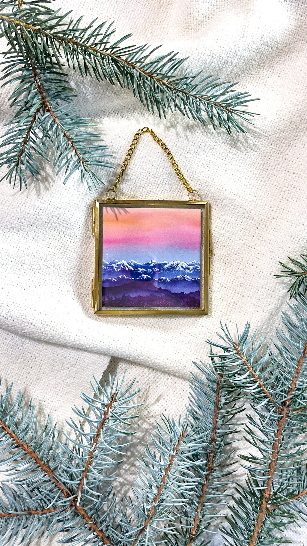 Mountain Sunset Winter Landscape (Framed Ornament)