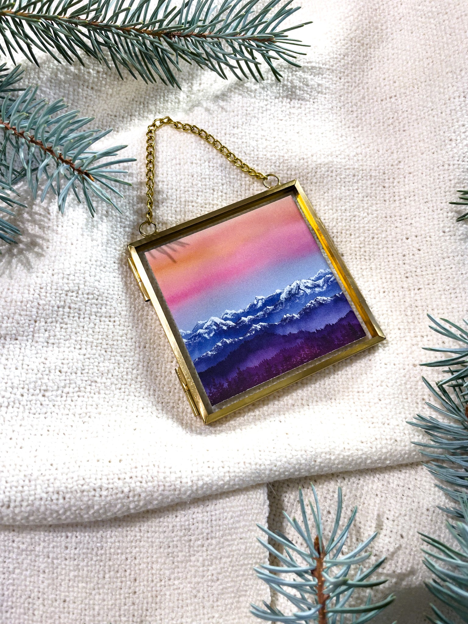 Mountain Sunset Winter Landscape (Framed Ornament)