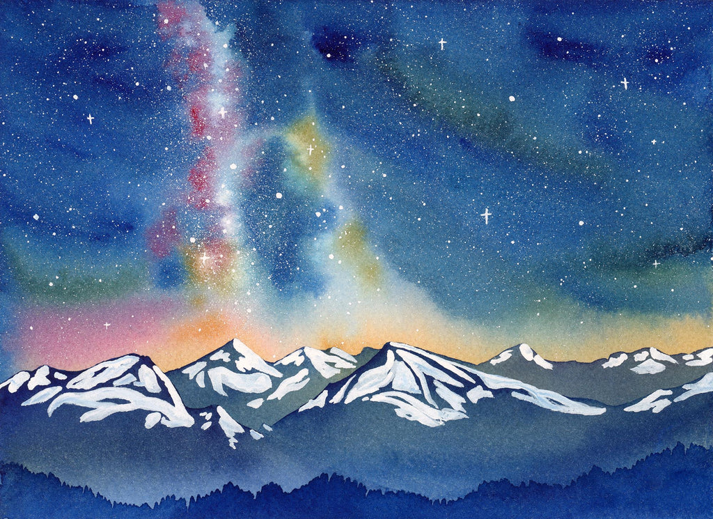 Watercolor painting of a mountain landscape with a colorful nebula in the sky.