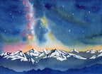 Watercolor painting of a mountain landscape with a colorful nebula in the sky.