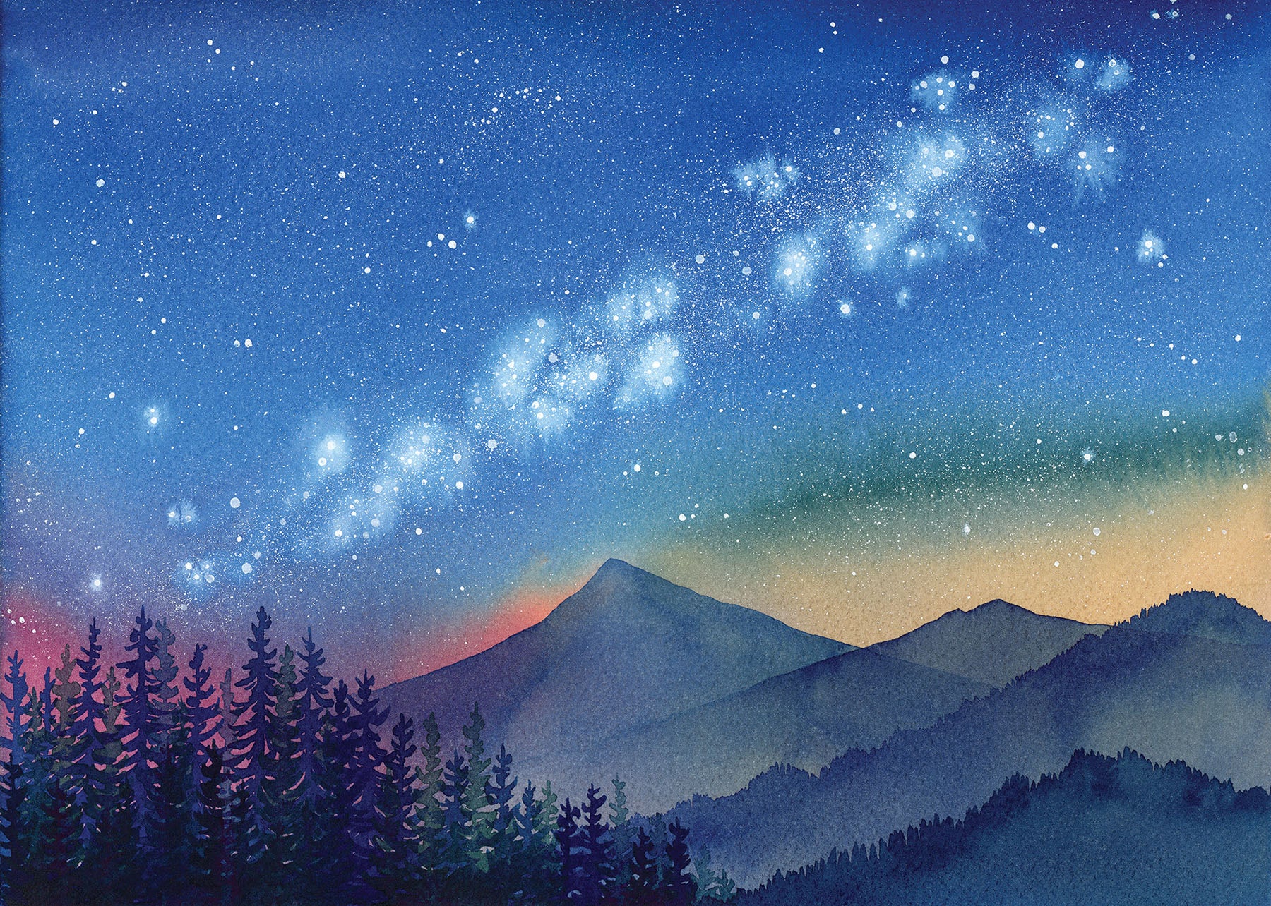 Milky Way in the Pacific Northwest – Original Watercolor Landscape (9x12in Unmatted)