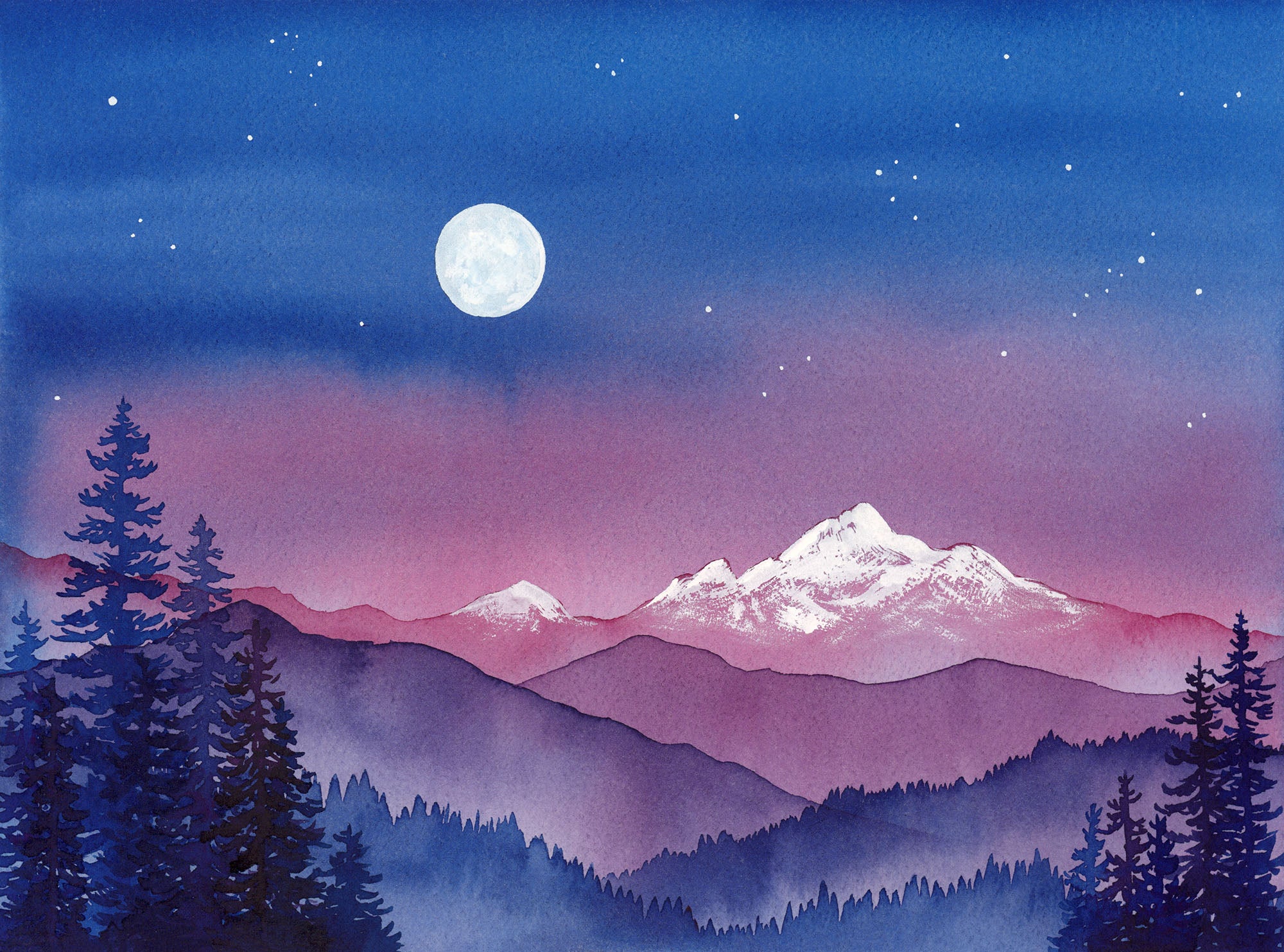 水彩画　「Polar Moon」 Winter Moon Mountain Original Watercolor | 9x12 – Shelby Thayne Art