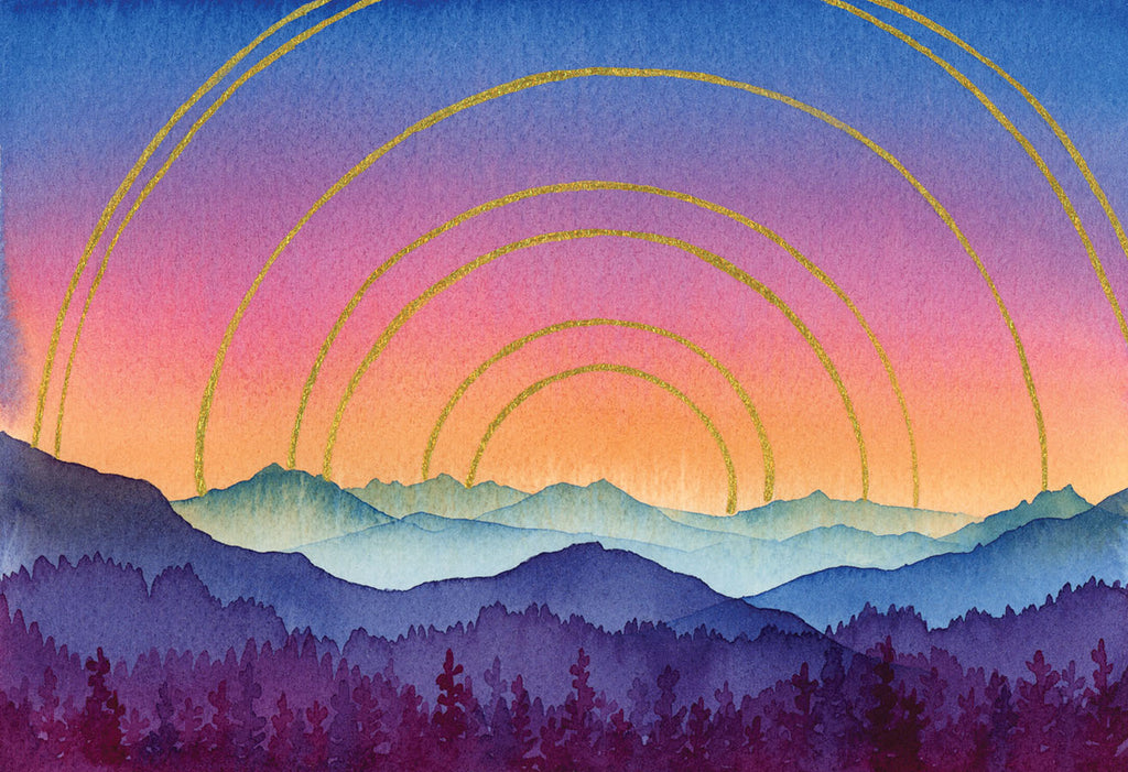 Artistic depiction of a sunset over mountains with concentric circular patterns in the sky.
