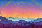 Artistic depiction of a sunset over mountains with concentric circular patterns in the sky.