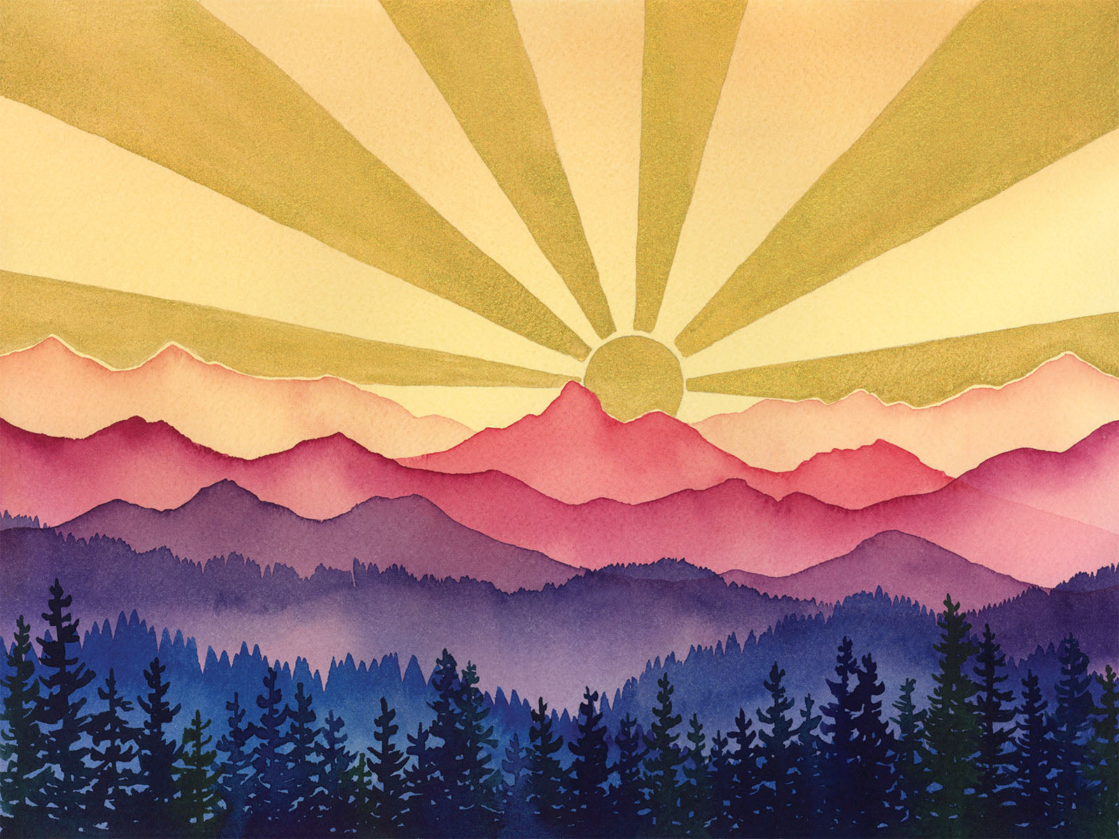 Sunny mountain landscape with trees and a sunburst in the sky