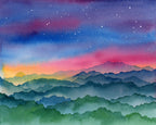 Watercolor painting of a mountain landscape with a colorful sky with stars and golden sun. 