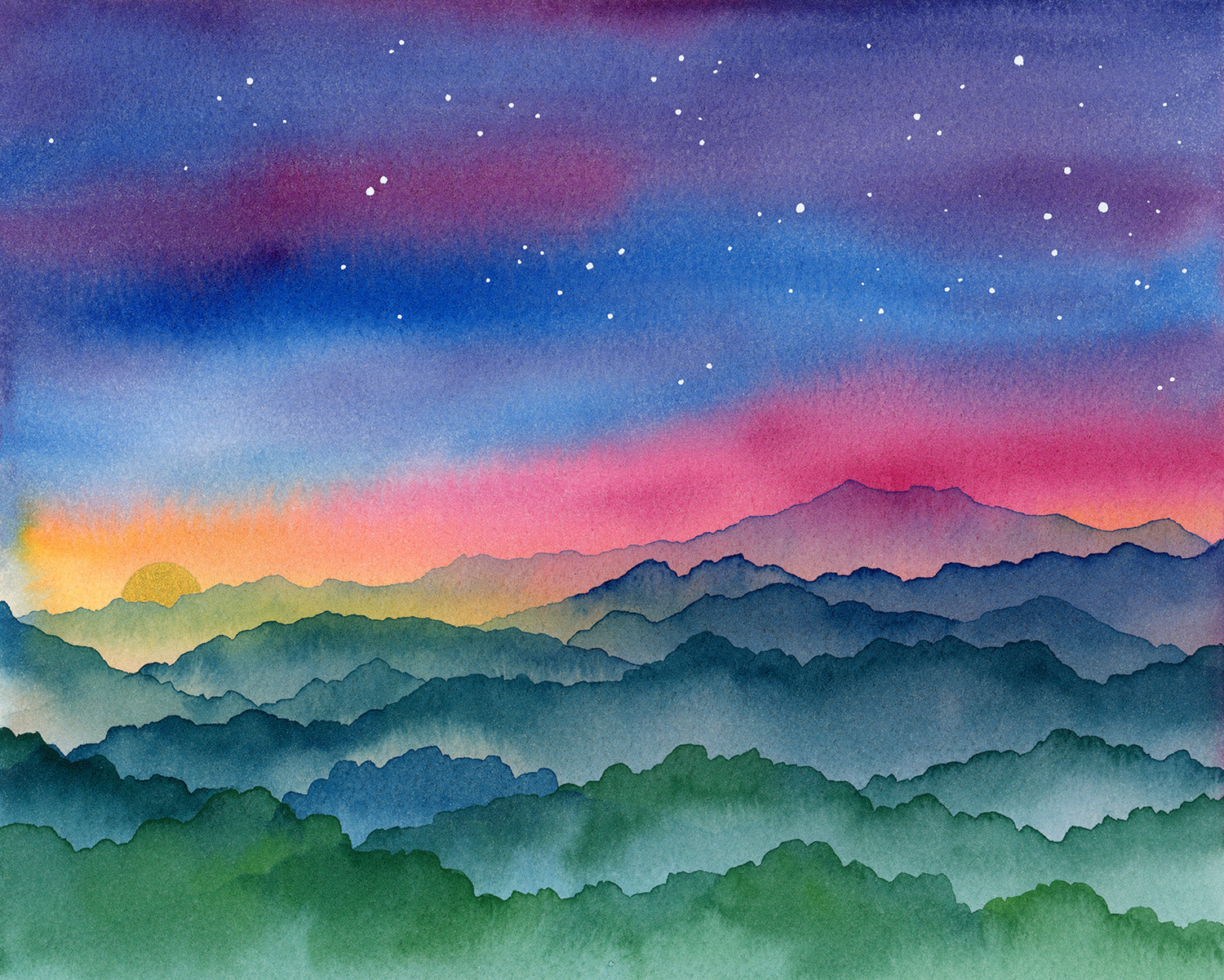 Watercolor painting of a mountain landscape with a colorful sky with stars and golden sun. 