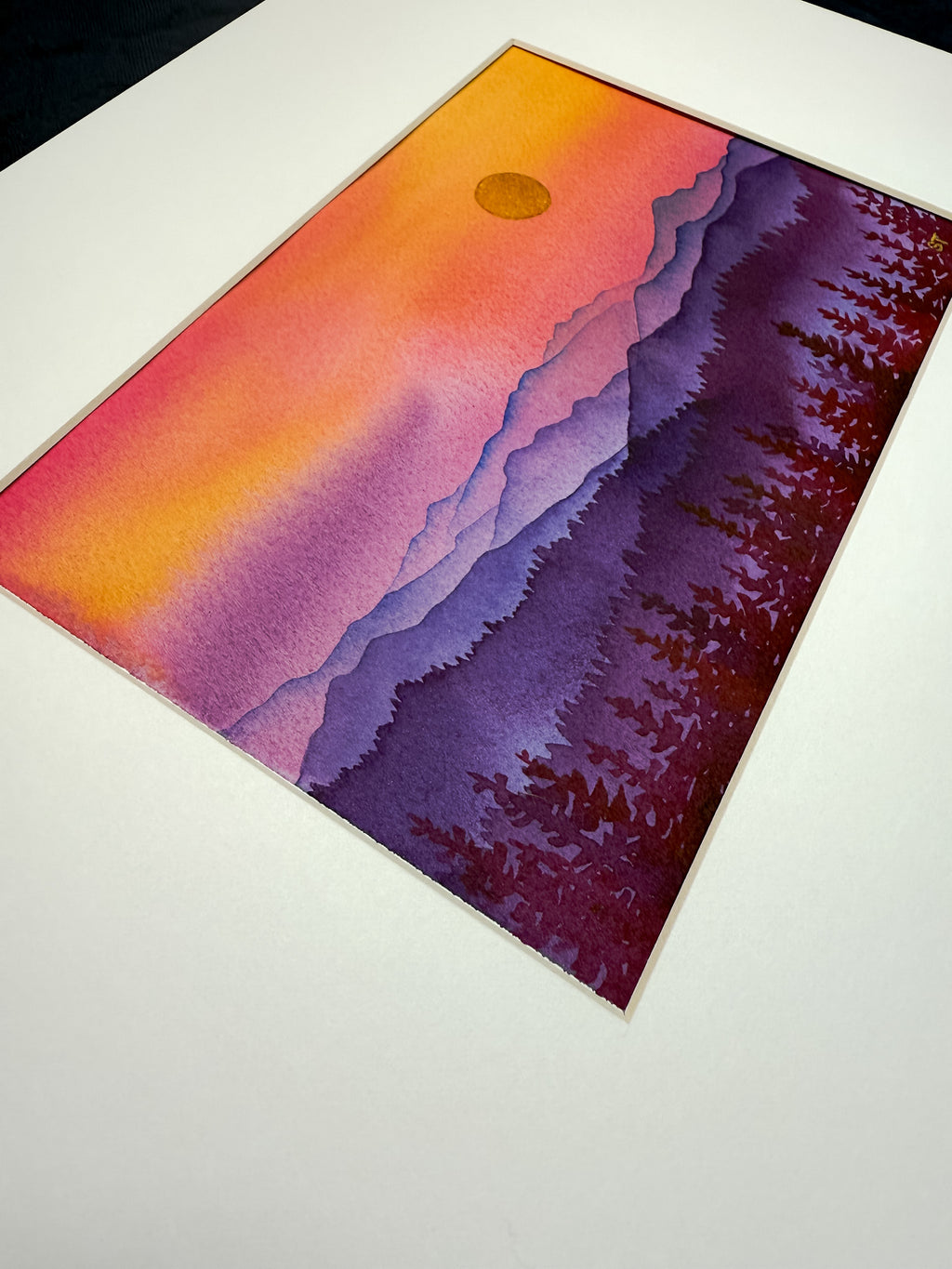 Colorful abstract mountain landscape 
painting with a gradient from orange to purple on a white background