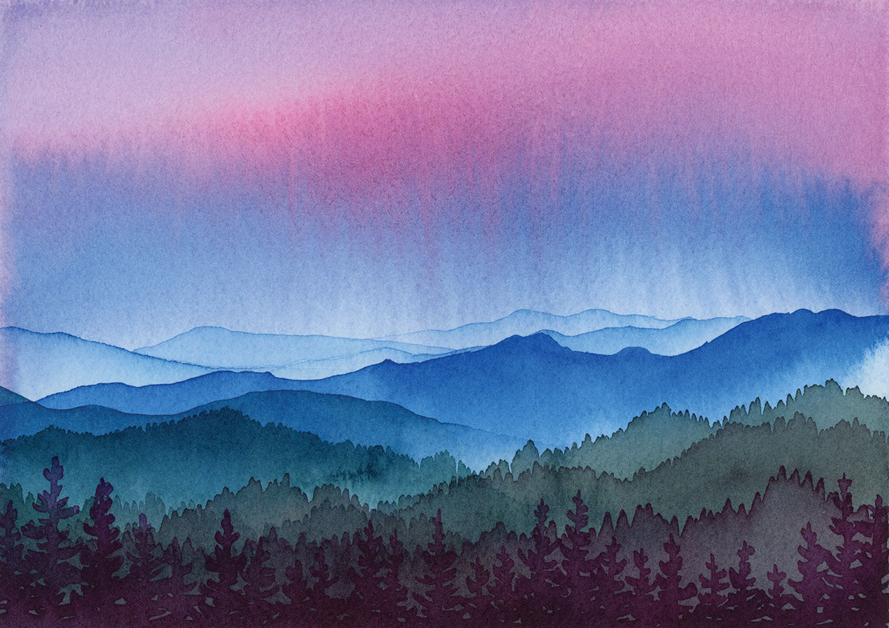 Watercolor painting of a mountain landscape with a pink and blue sky.