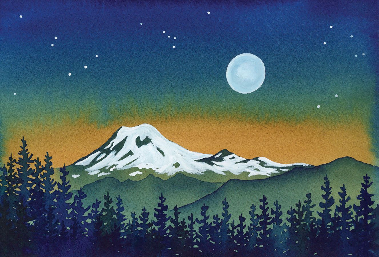 Mountain landscape with trees under a night sky with moon and stars