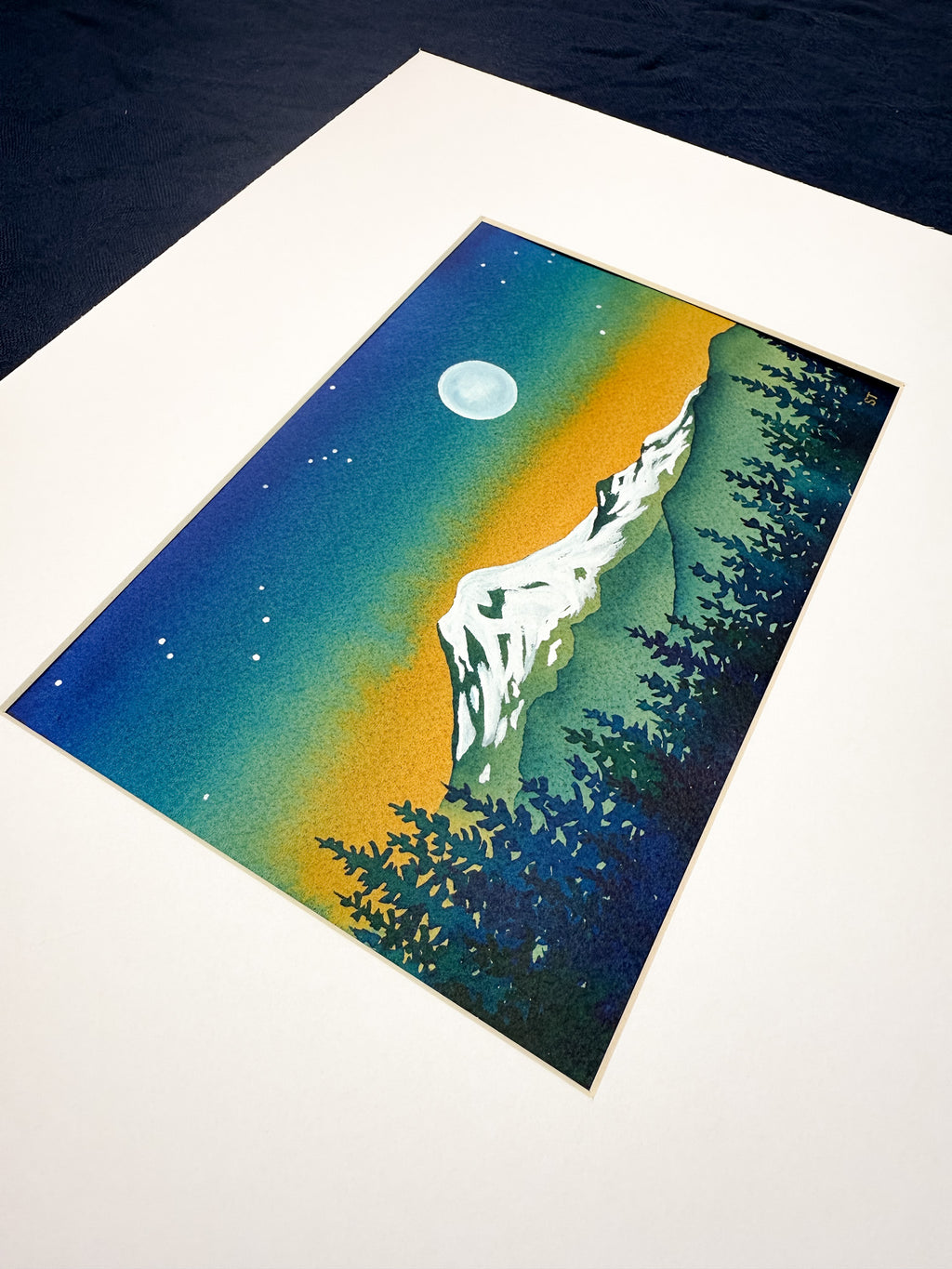 Art print of a mountain landscape with a moon and trees on a white background