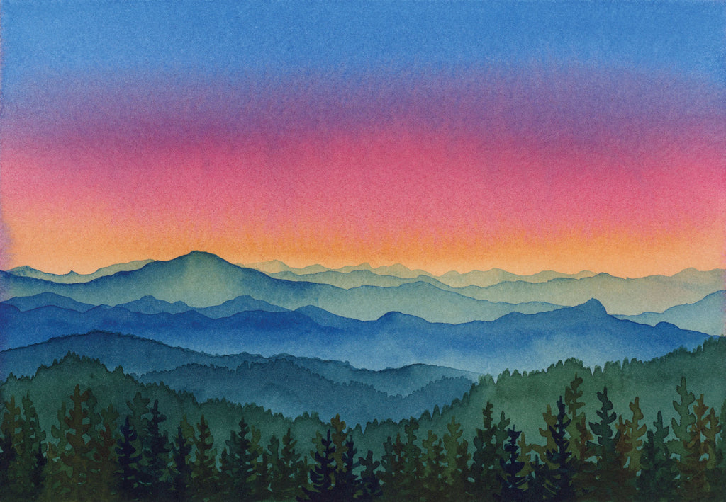 Watercolor painting of a mountain landscape with a colorful sky.