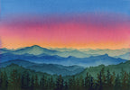 Watercolor painting of a mountain landscape with a colorful sky.