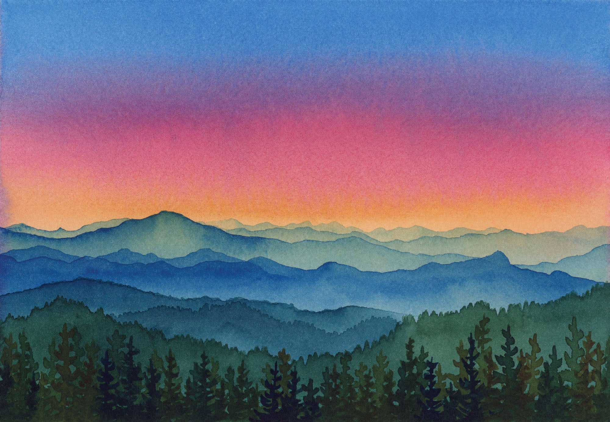Watercolor painting of a mountain landscape with a colorful sky.