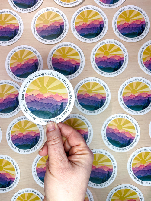 Hand holding a circular sticker with a colorful design on a sheet of similar stickers.