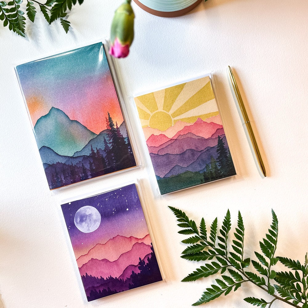 Watercolor Mountain Landscape Art Cards – Blank Greeting Cards, Recycled Paper