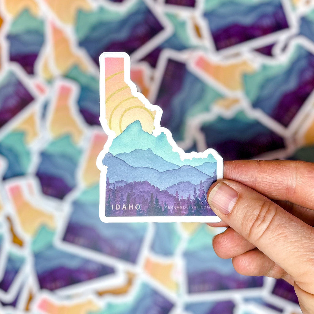 Idaho Mountain Vinyl Sticker – Watercolor Art, Laptop Decal
