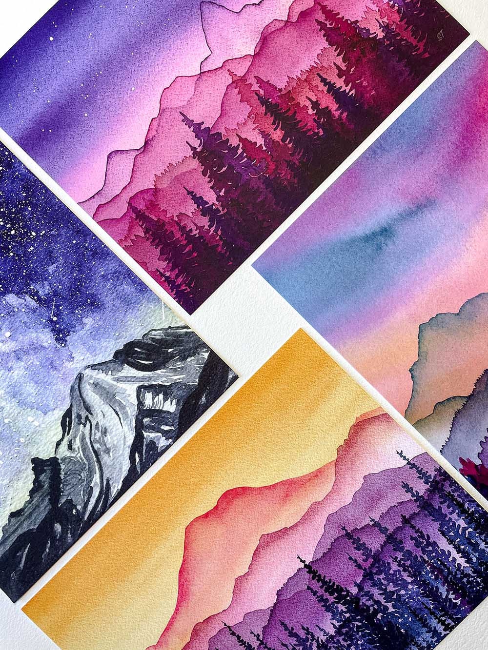 Midnight Moon over Tetons Watercolor Mountain Fine Art Print