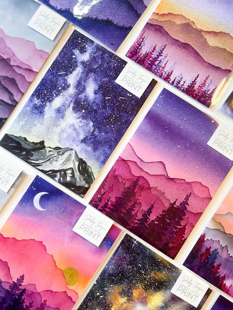 Midnight Moon over Tetons Watercolor Mountain Fine Art Print