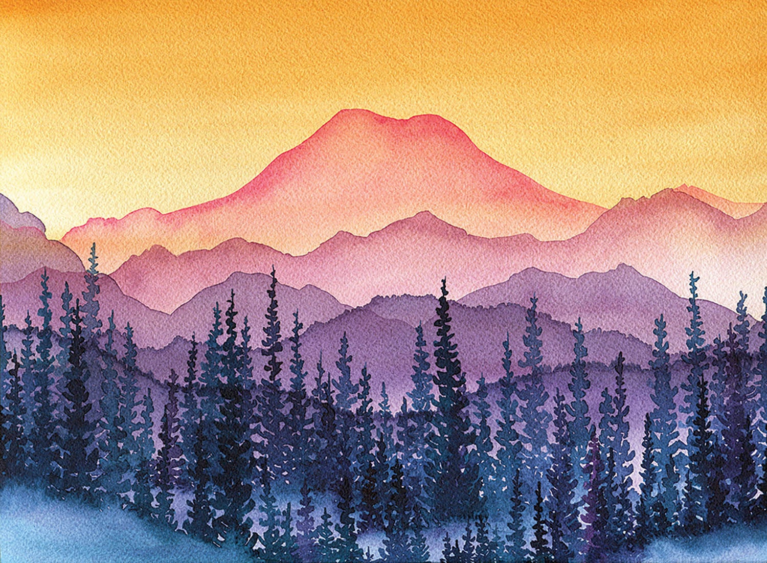 Golden Hour Mt. Rainier Watercolor Mountain Fine Art Print