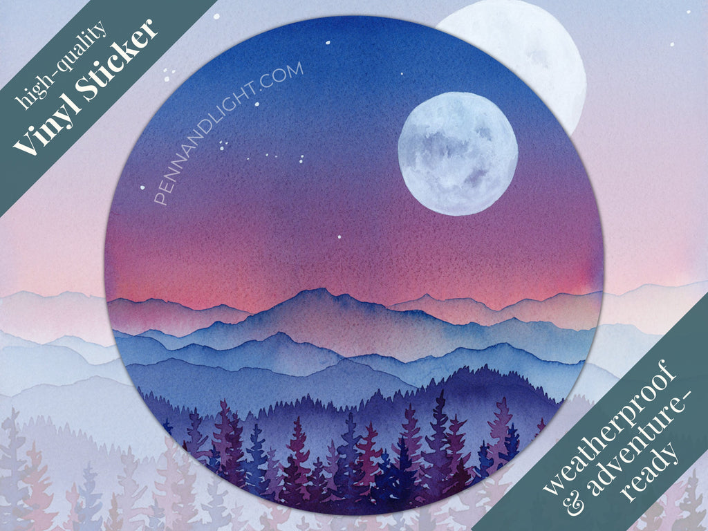 Watercolor Mountain Full Moon Sticker – Waterproof Vinyl Decal