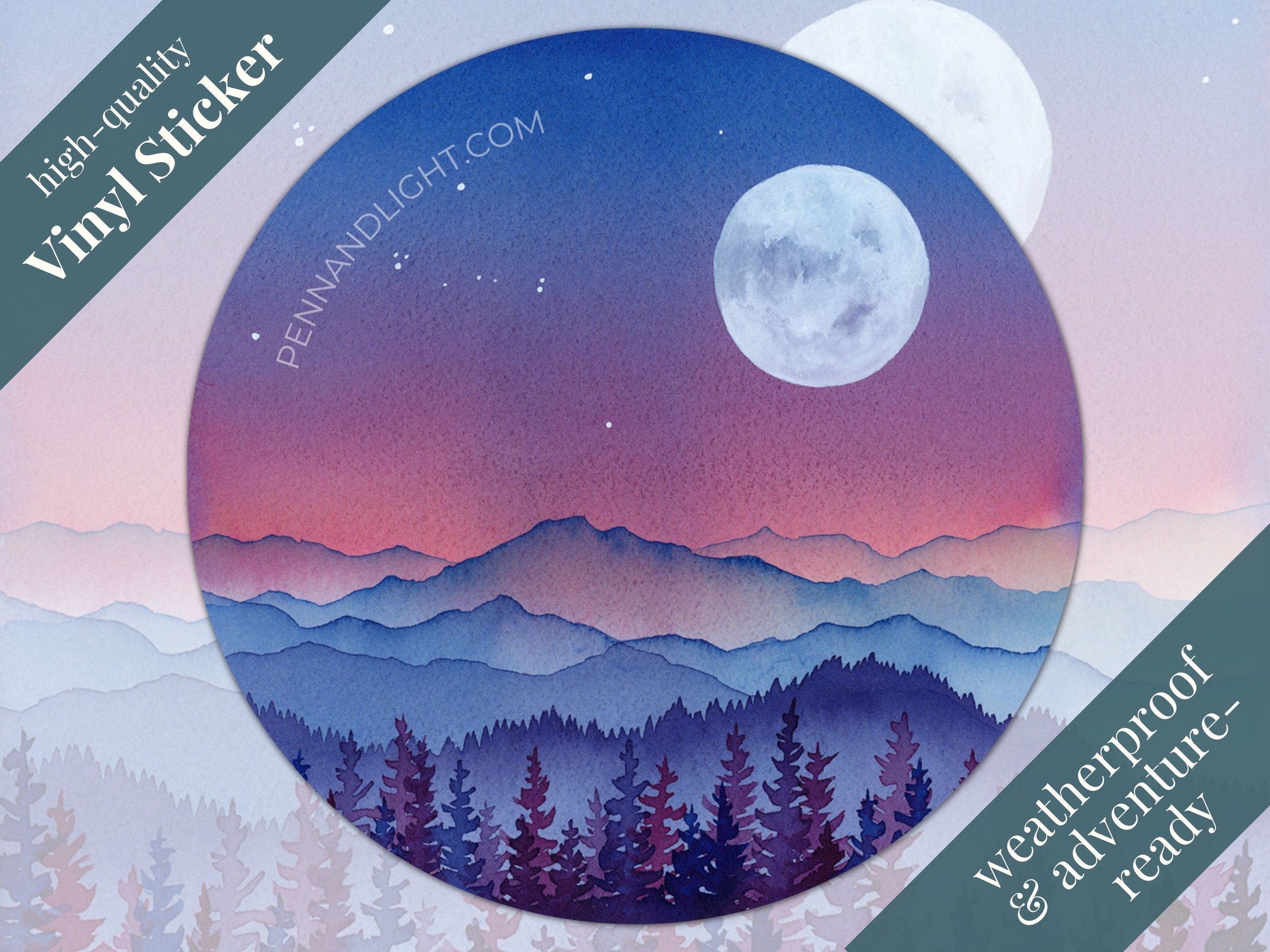 Watercolor Mountain Full Moon Sticker – Waterproof Vinyl Decal