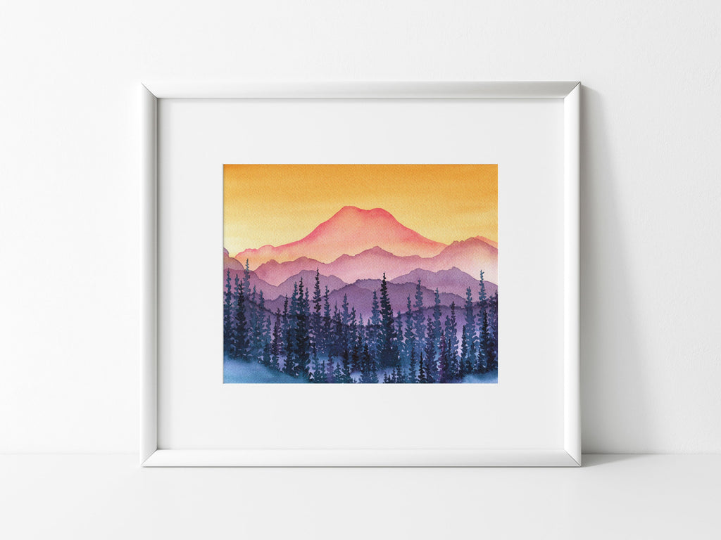Golden Hour Mt. Rainier Watercolor Mountain Fine Art Print
