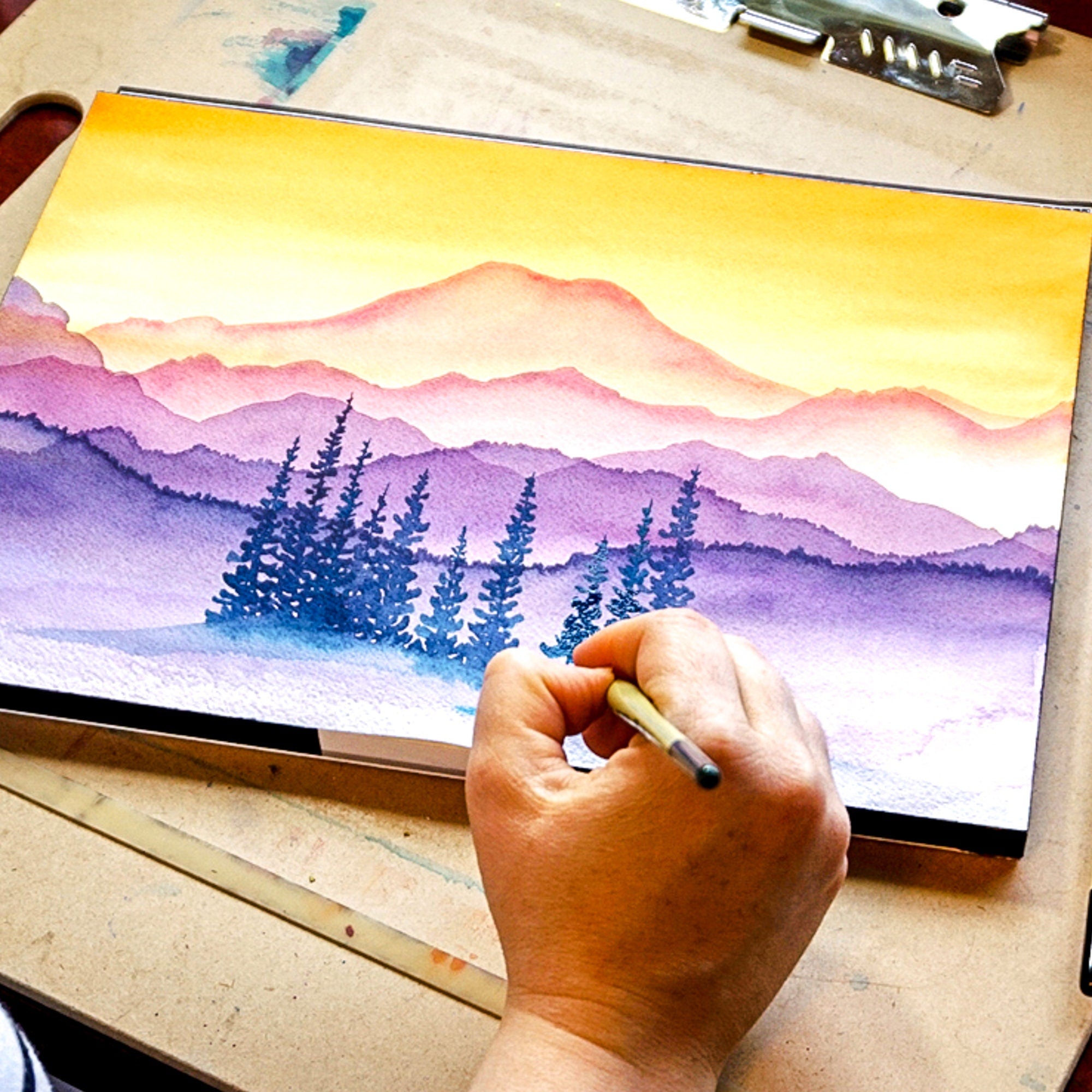 Golden Hour Mt. Rainier Watercolor Mountain Fine Art Print