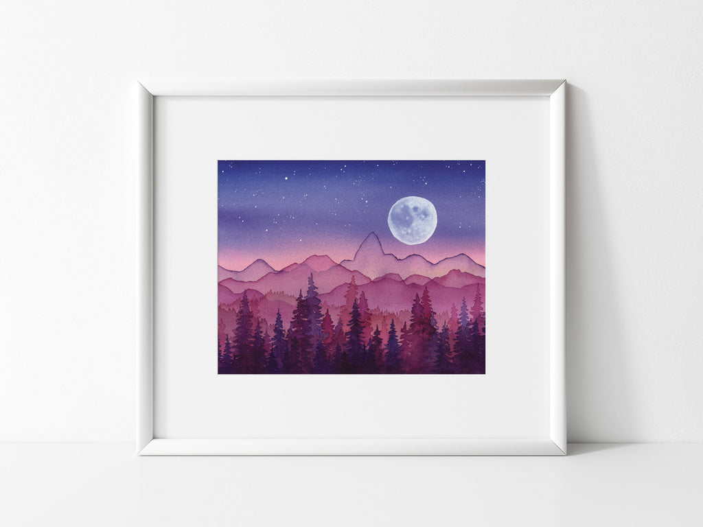 Midnight Moon over Tetons Watercolor Mountain Fine Art Print