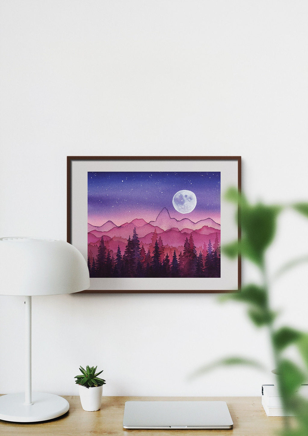 Midnight Moon over Tetons Watercolor Mountain Fine Art Print