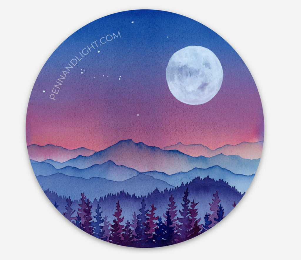 Watercolor Mountain Full Moon Sticker – Waterproof Vinyl Decal