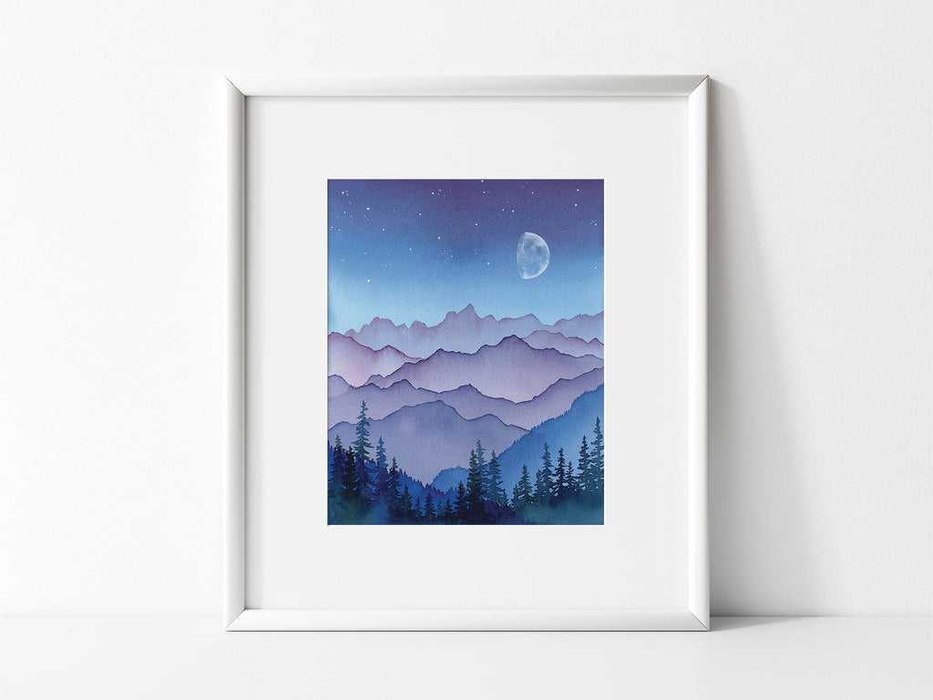November Moon Watercolor Mountain Fine Art Print